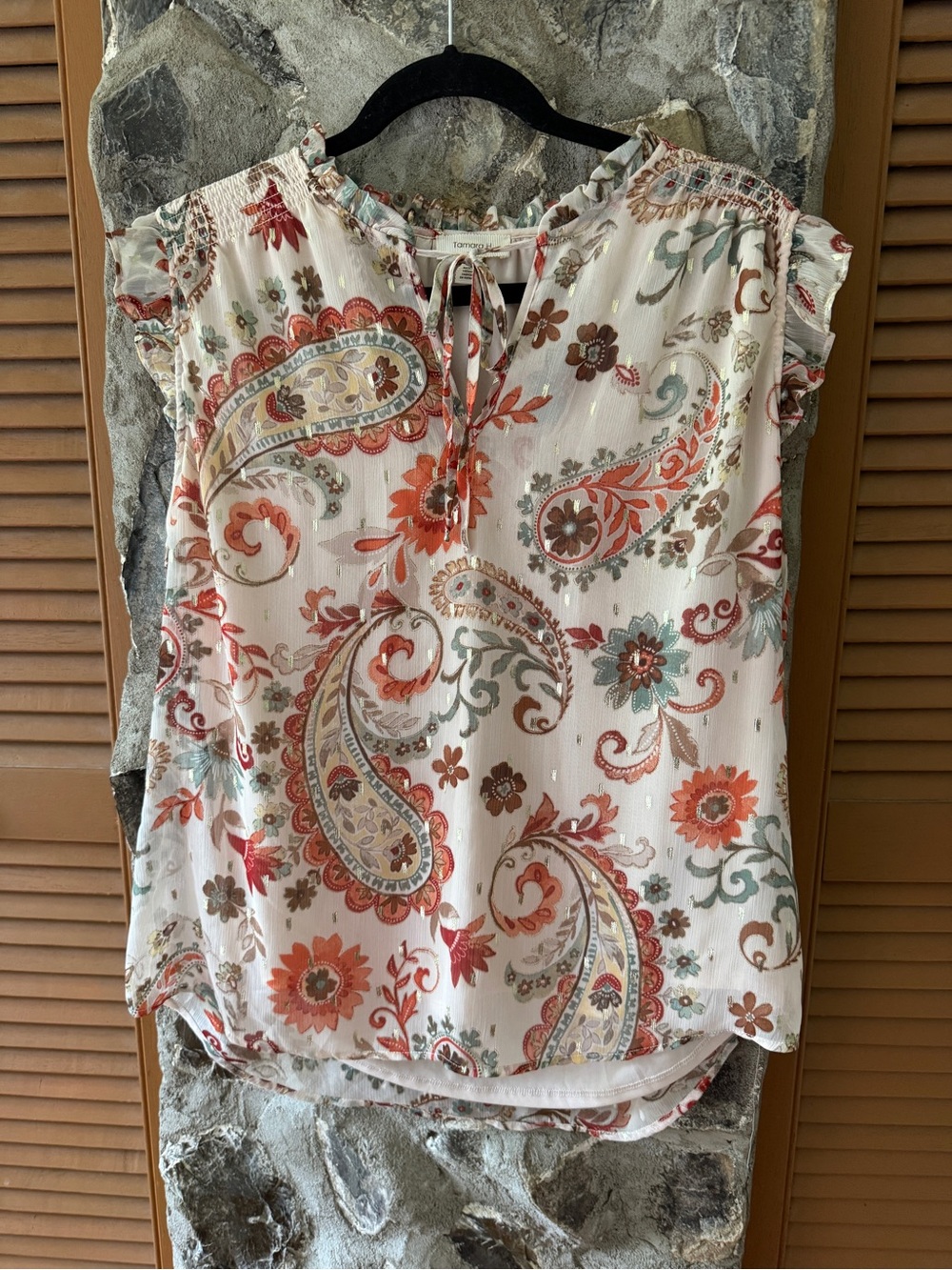 Boho Paisley Tie-Neck Flutter Sleeve Top – Cream with Coral & Teal